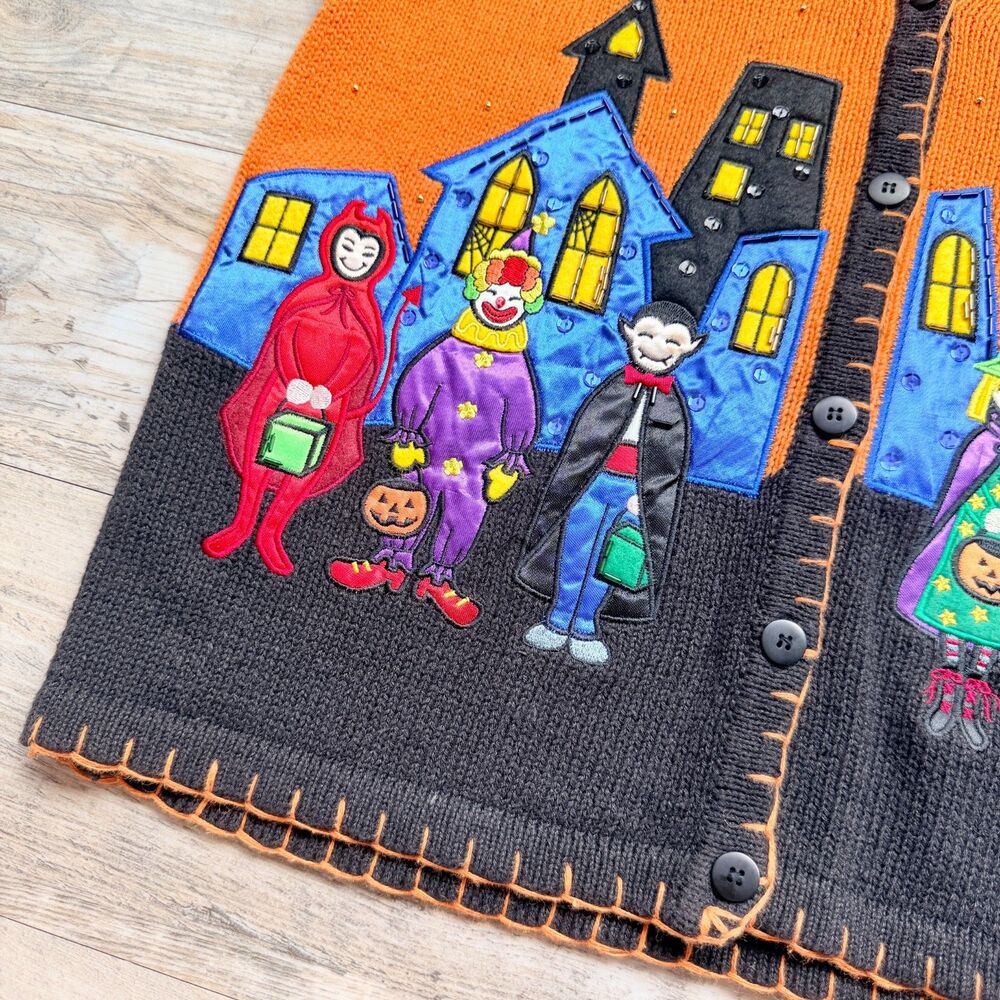 Vintage Halloween Sweater Vest Large Trick or Treat Haunted House 90s Kitschy - Picture 6 of 11
